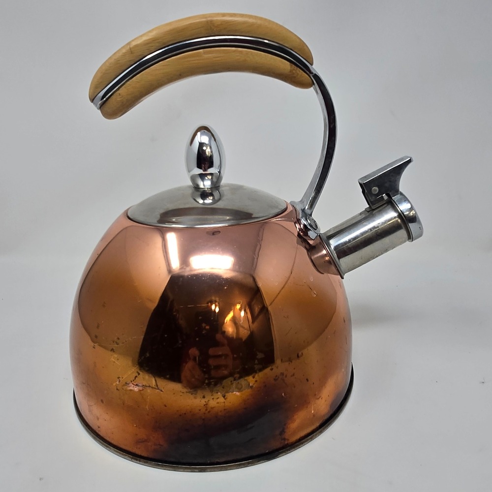 Pinky Up Presley Copper Tea Kettle Stovetop Whistling Water Pot Wood Handle